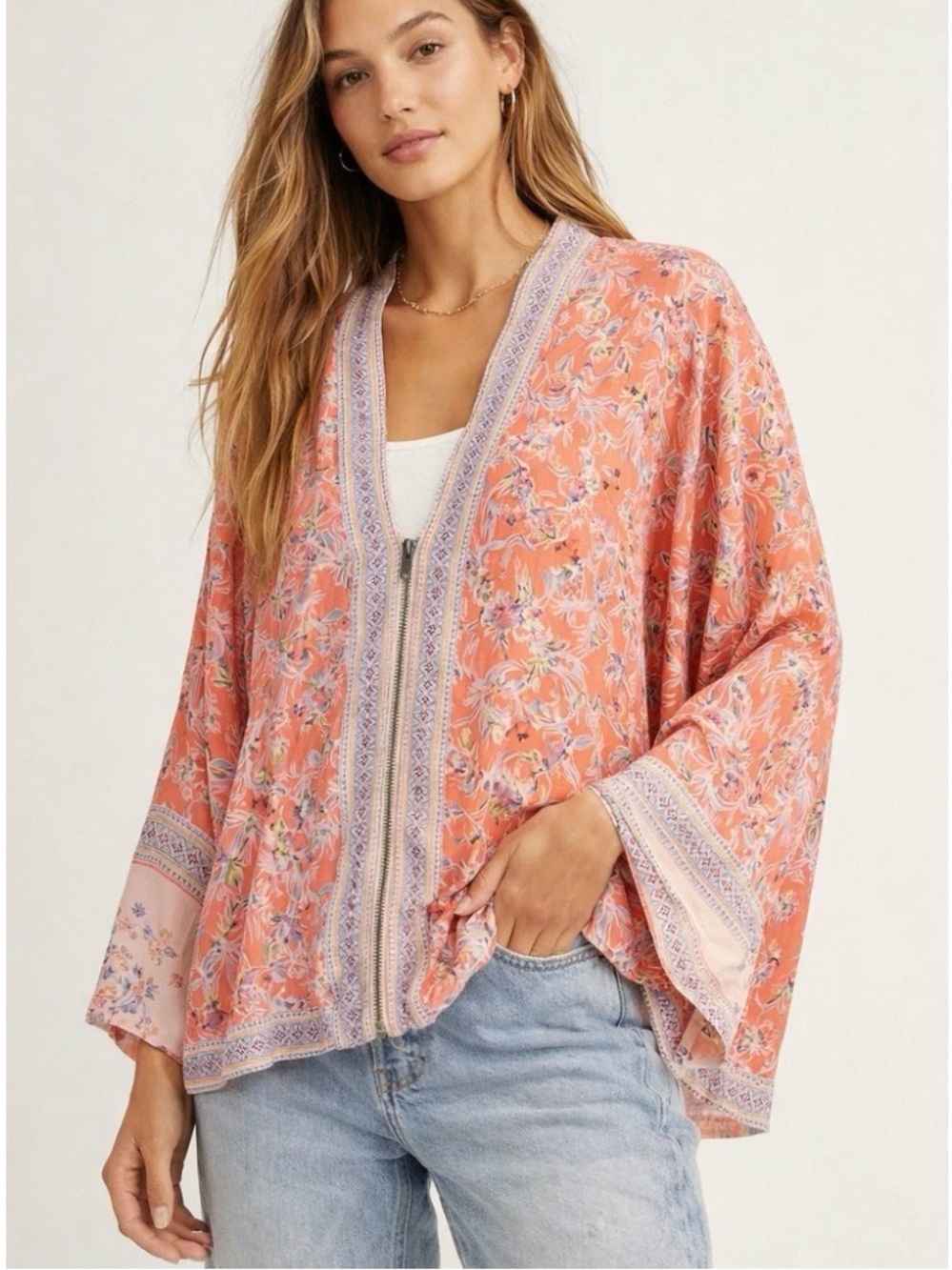 Free People Wildflower Pink Kimono Zip Front Oversized Drawstring Waist Sz XS/S